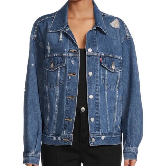 NWT LEVIS JEAN JACKET 90S OVERSIZED TRUCKER BLUE DENIM DISTRESSED RIPPED CLASSIC - Picture 1 of 10